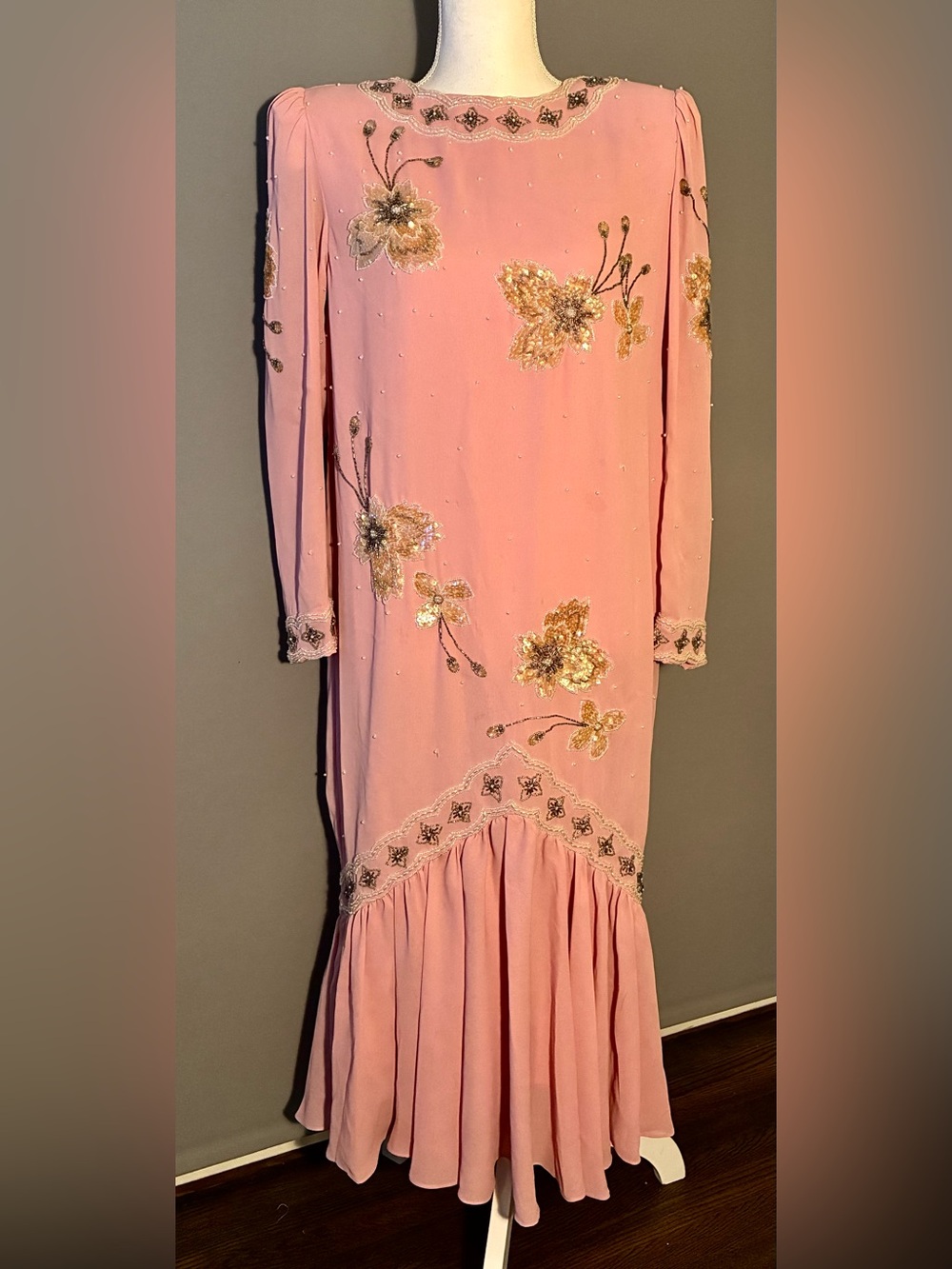 Vintage 90s sequined and beaded Pink Long Sleeve Embellished Maxi Dress